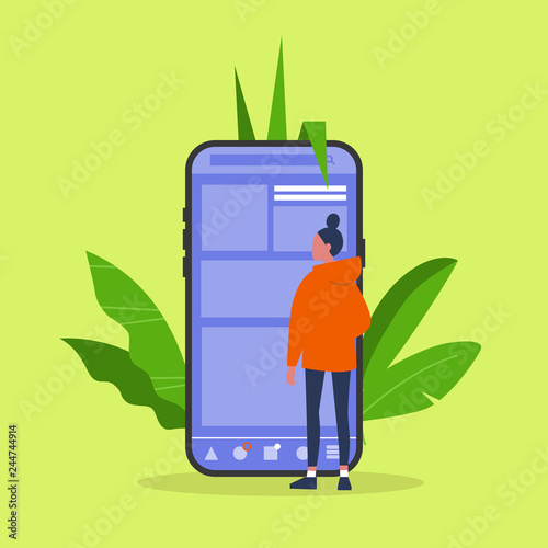 Young female character standing in front of the  smartphone screen. Social media life. Digital space. Millennial user. Flat editable vector illustration, clip art