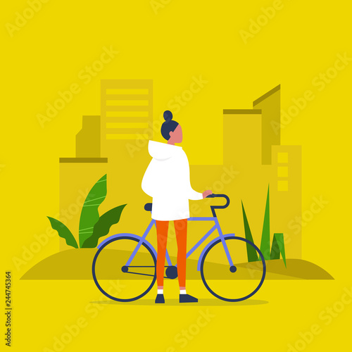 Urban transportation. Young female character standing with a bike. Healthy lifestyle. Flat editable vector illustration, clip art