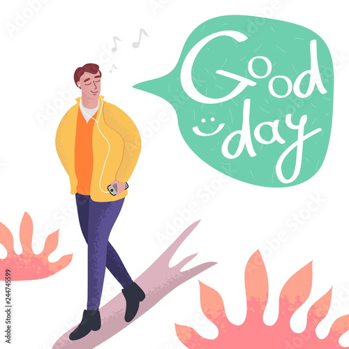 Young Attractive Man Walking And Listens To Music In Headphones From A Smartphone Vector Art Illustration Isolated on White Background. Have A Good Day