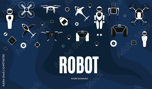 Modern robotic set vector illustration with stylish robot, drone, autonomous vehicle, flying car