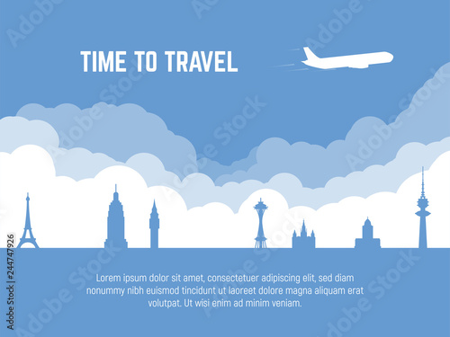 Travel banner. Plane flying over famous cities sights. Time to travel text. Flat style silhouette tourism banner. Tourism landmarks. Air journey to other countries. 