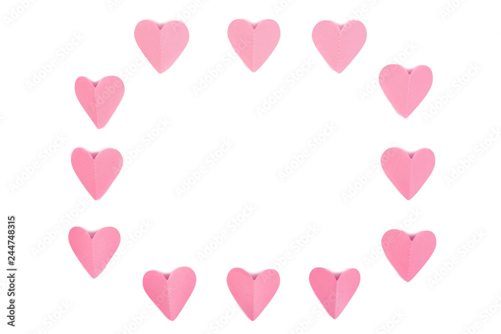 Frame made of pink paper hearts isolated on white background. Valentine's Day concept
