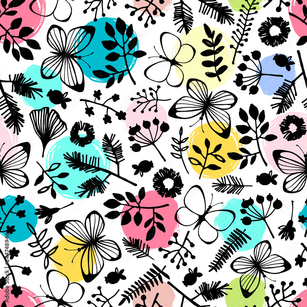 Forest seamless pattern with butterflies, branches and flowers.