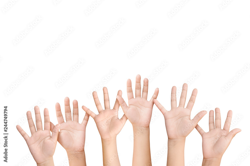 kids Raising hands up together on white background