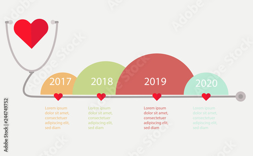 Health care or heart disease charts concept. Timeline half circles infographic, stethoscope and red hearts shape. Flat Vector design template.