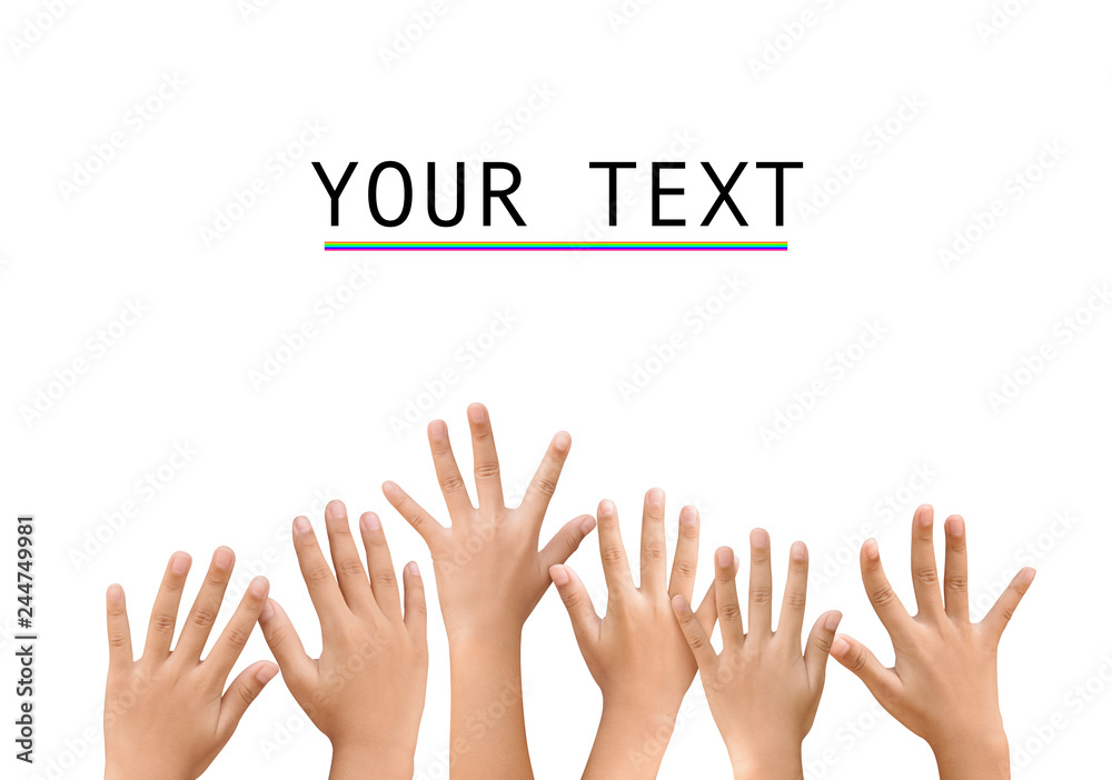 children raised up hands on white background children raised up hands on white background