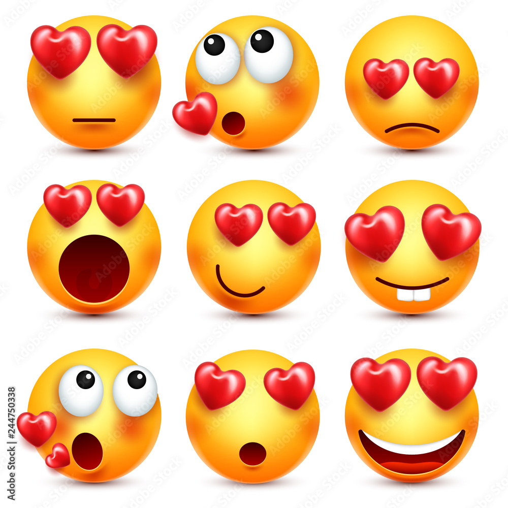 Smiley Emoji With Red Heart Vector Set. Valentines Day Yellow Cartoon Emoticons Face. Love Feeling Expression. Smiley Emoji With Red Heart Vector Set. Valentines Day Yellow Cartoon Emoticons Face. Love Feeling Expression.