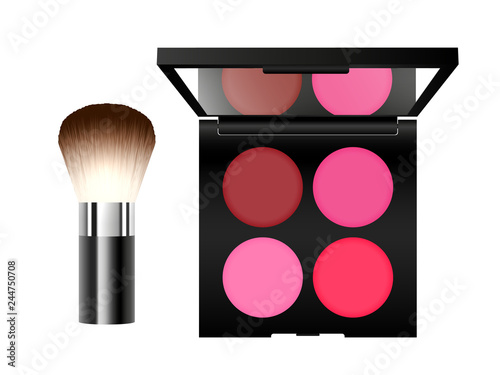 Vector realistic vibrant blusher palette in black container with mirror and brush isolated on white background