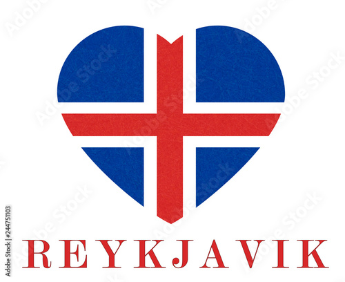 Reykjavik, textured background of Iceland flag in heart. Isolated Icelandic banner with scratched texture, grunge. Flat style, vector illustration with noise, marble backdrop.