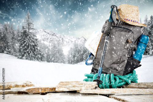 Winter backpack and snow decoration. Free space for your product. 