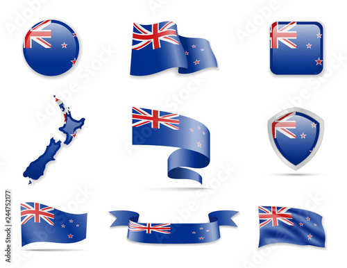 New Zealand flags collection. Flags and outline of the country.