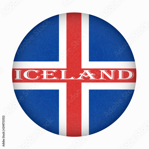 Iceland flag in circle shape. Isolated button of icelandic banner with scratched texture, grunge. Flat style, vector illustration with noise, marble textured background. Horizontal orientation.