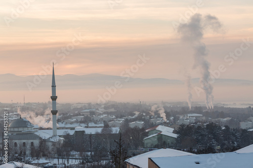 Smokes from chimneys in Erzurum, Turkey