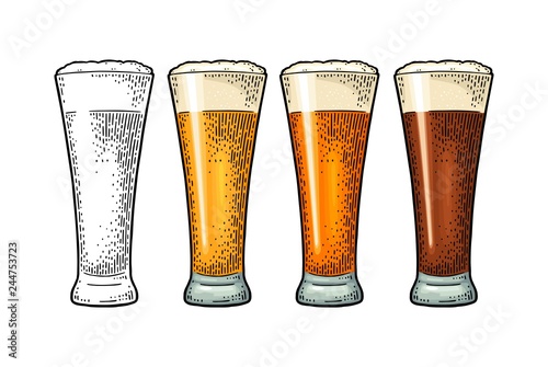 Glass with different types beer - lager, ale, stout. Vintage color engraving
