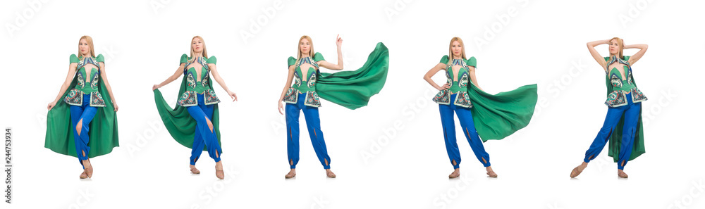 Woman in oriental green clothing isolated on white Woman in oriental green clothing isolated on white