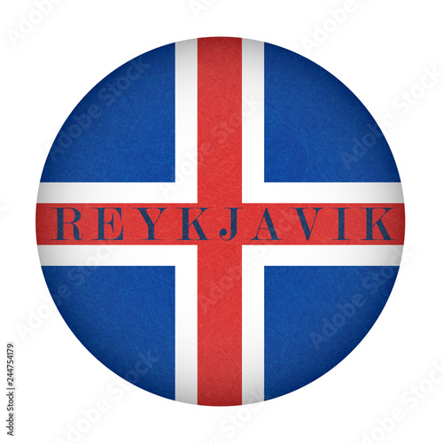 Reykjavik on textured background of Iceland flag in circle shape. Isolated button of icelandic banner with scratched texture, grunge. Flat style, vector illustration with noise, marble backdrop.