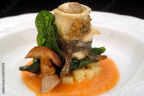 Photos Italian food recipes, trout fillet roulade with mushrooms and tomato sauce
