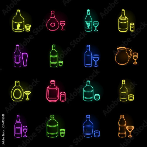Types of alcohol neon icons in set collection for design. Alcohol in bottles vector symbol stock web illustration.