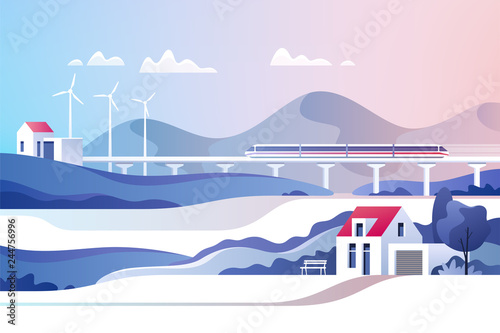 Abstract countryside landscape. Rural area with hills, fields and train. Vector illustration.