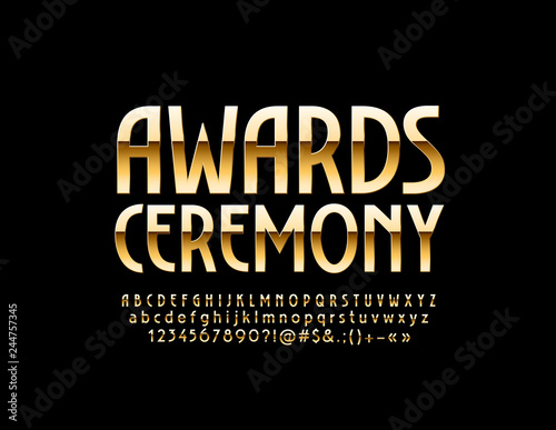 Vector Golden logo Awards Ceremony. Chic glossy Font. Reflective Alphabet Letters, Numbers and Symbols.