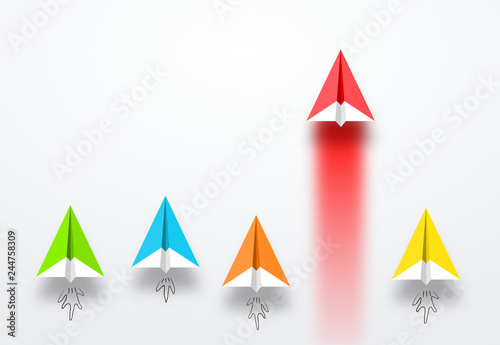 Coorful Group of paper planes  launch. Red paper plane most faster then others or rockets  Business competition, start-up, boost or success concept photo