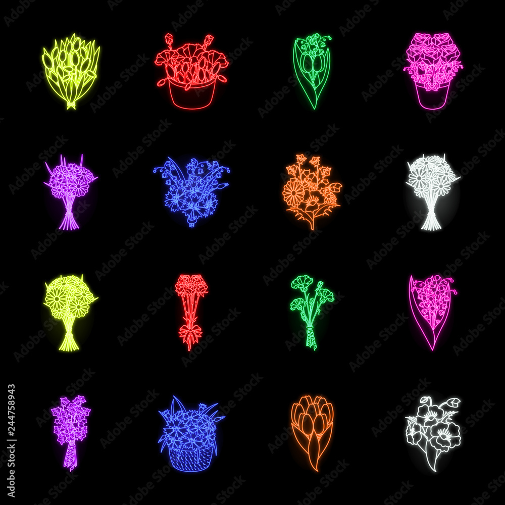 A bouquet of fresh flowers neon icons in set collection for design. Various bouquets vector symbol stock web illustration.