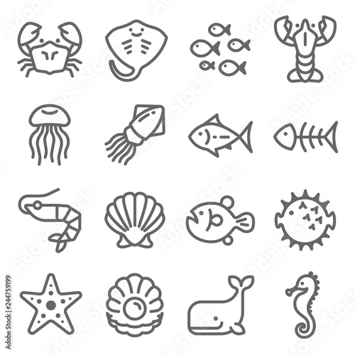 Sea Life Vector Line Icon Set. Contains such Icons as Octopus, Seahorse, Puffer Fish, Pearl and more. Expanded Stroke