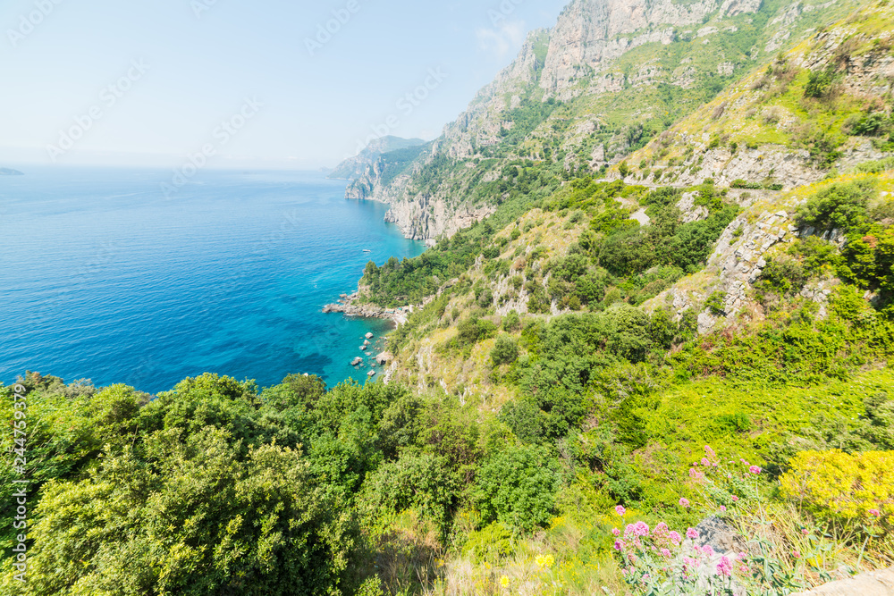 Amalfi coast on a sunny day in springtime
