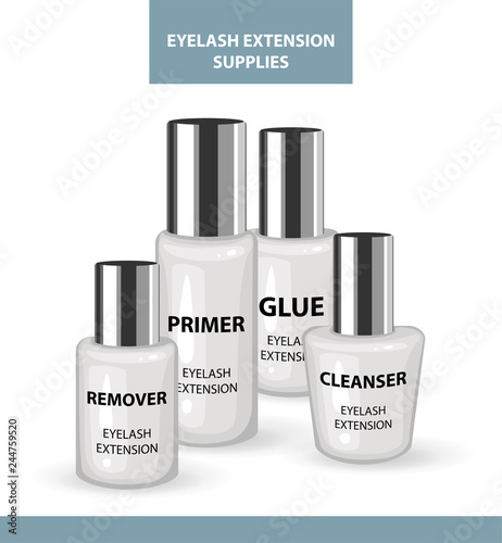 Eyelash Extension Application Tools and Supplies. Remover, Primer, Cleanser, Glue. Products for Makeup & Cosmetic Procedures. Realistic Plastic Containers with Cap. Cosmetic Vials. Liquid containers