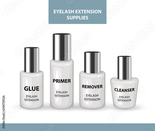 Eyelash Extension Application Tools and Supplies. Remover, Primer, Cleanser, Glue. Products for Makeup & Cosmetic Procedures. Realistic Plastic Containers with Cap. Liquid containers. Cosmetic Vials