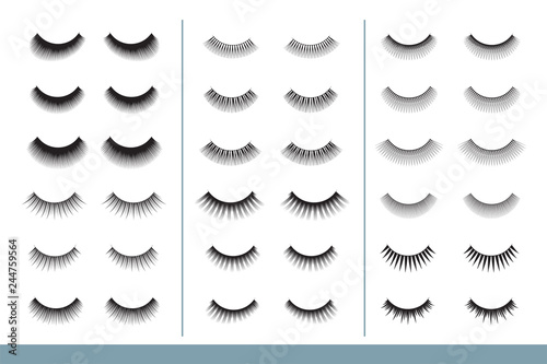 Lashes collection. Different Shapes of False Eyelashes. Closed Eyes. Eyelash Extension guide. Vector Illustration. Professional Glamor Makeup. Training Poster