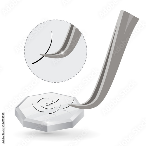 Master of Eyelash Extensions works with Tweezers. Black long Artificial Lashes on Crystal Stone. Vector Illustration. Makeup and Cosmetic Procedures. Training poster. Guide