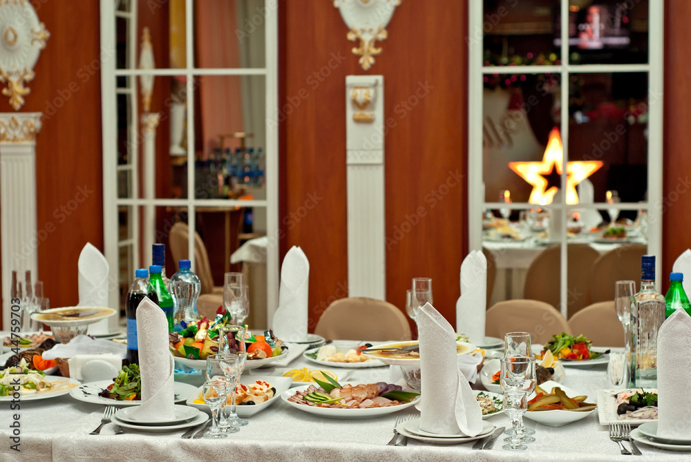 delicious dishes on the table in the restaurant. serving table.