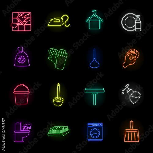 Cleaning and maid neon icons in set collection for design. Equipment for cleaning vector symbol stock web illustration.