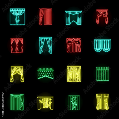 Different kinds of curtains neon icons in set collection for design. Curtains and lambrequins vector symbol stock web illustration.