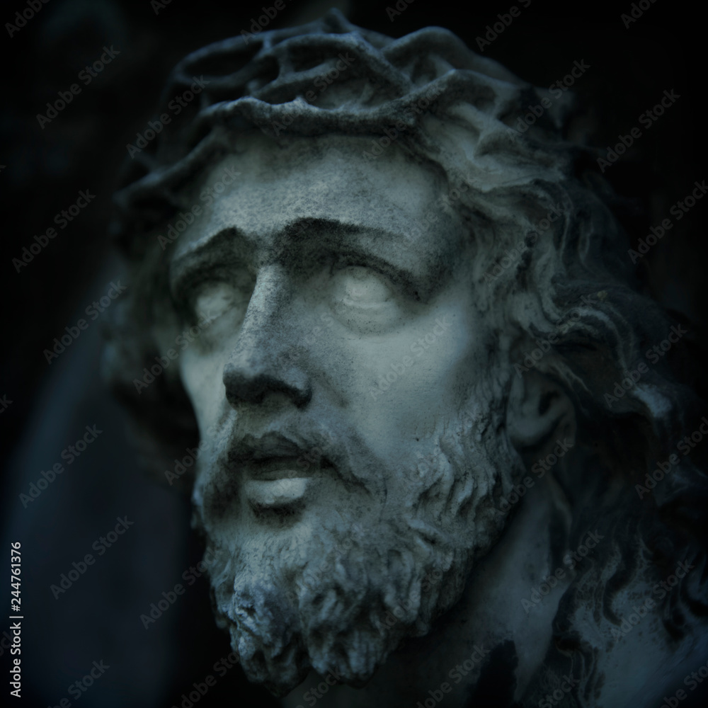 Marble antique statue  of suffering of Jesus Christ crown of thorns. Religion, faith, death, resurrection and eternity concept.