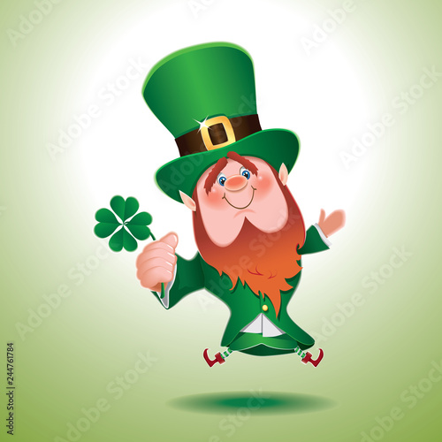 Saint Patrick's Day concept.Cartoon of bouncing Leprechaun with four leaves clover in hand isolated on light green background.