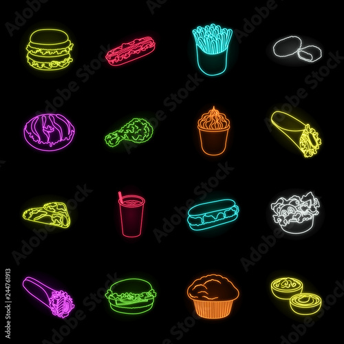 Fast food neon icons in set collection for design.Food from semi-finished products vector symbol stock web illustration.