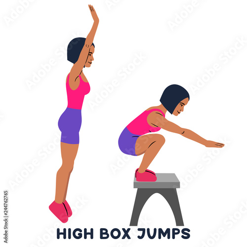 High box jumps. Sport exersice. Silhouettes of woman doing exercise. Workout, training.