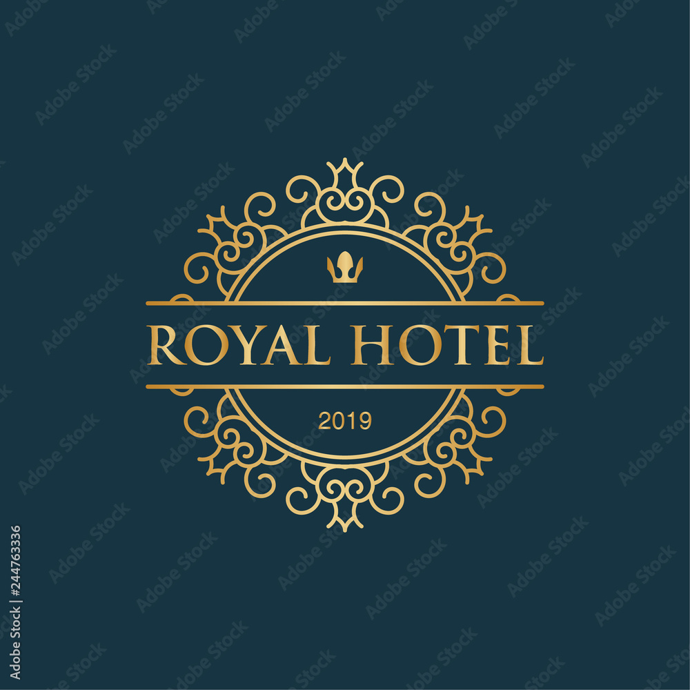 Royal hotel with crown icon luxury logo inspiration in gold metallic color design template Royal hotel with crown icon luxury logo inspiration in gold metallic color design template