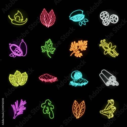 Herb and spices neon icons in set collection for design.Different kinds of seasonings vector symbol stock web illustration.