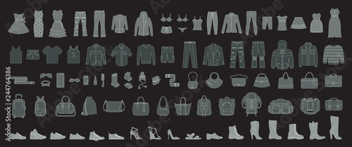Set of man`s and women’s clothing and accessories. Fashion and style elements. Beach style, casual, elegant and business cloths for man and women.