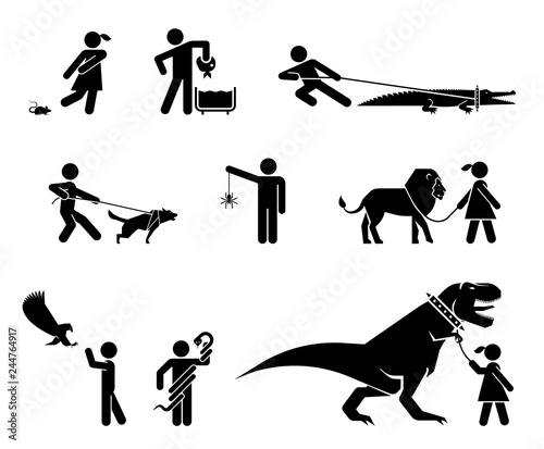 Set of pictograms presenting dangerous pets and their owners.