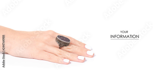Ring jewerly bijouterie on hand pattern on white background isolation