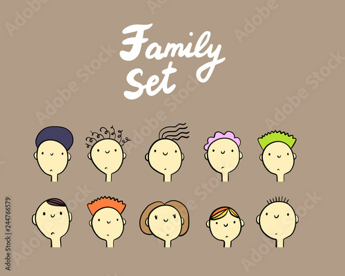 Happy family hand drawn set mother father brothers sisters grandmother
