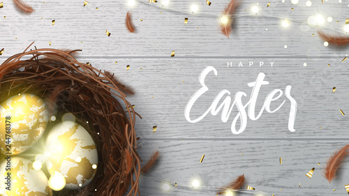 Happy Easter holiday web banner. Beautiful background with realistic wicker nest, white golden eggs, sparkling gold confetti, shining garland and chicken feathers. Holiday vector illustration.