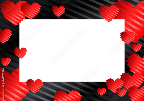 frame, border with red hearts on black background with stripes. Vector illustration for photos, announcements, greetings, invitations,posters, gift certificates, banners