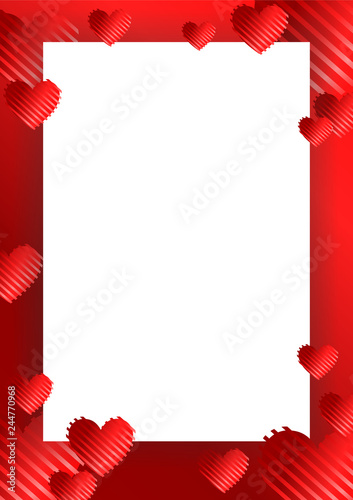 frame, border with red hearts on a red background with stripes. Vector illustration for photos, announcements, greetings, invitations,posters, gift certificates, banners