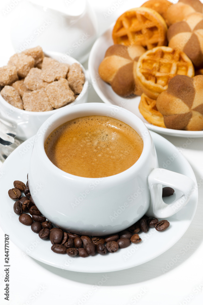 cup of coffee with sweets for dessert, vertical closeup cup of coffee with sweets for dessert, vertical closeup