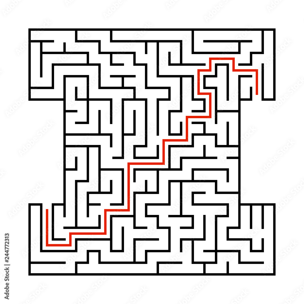 Abstract square maze. Game for kids. Puzzle for children. Labyrinth conundrum. Black flat vector illustration isolated on white background. With answer.